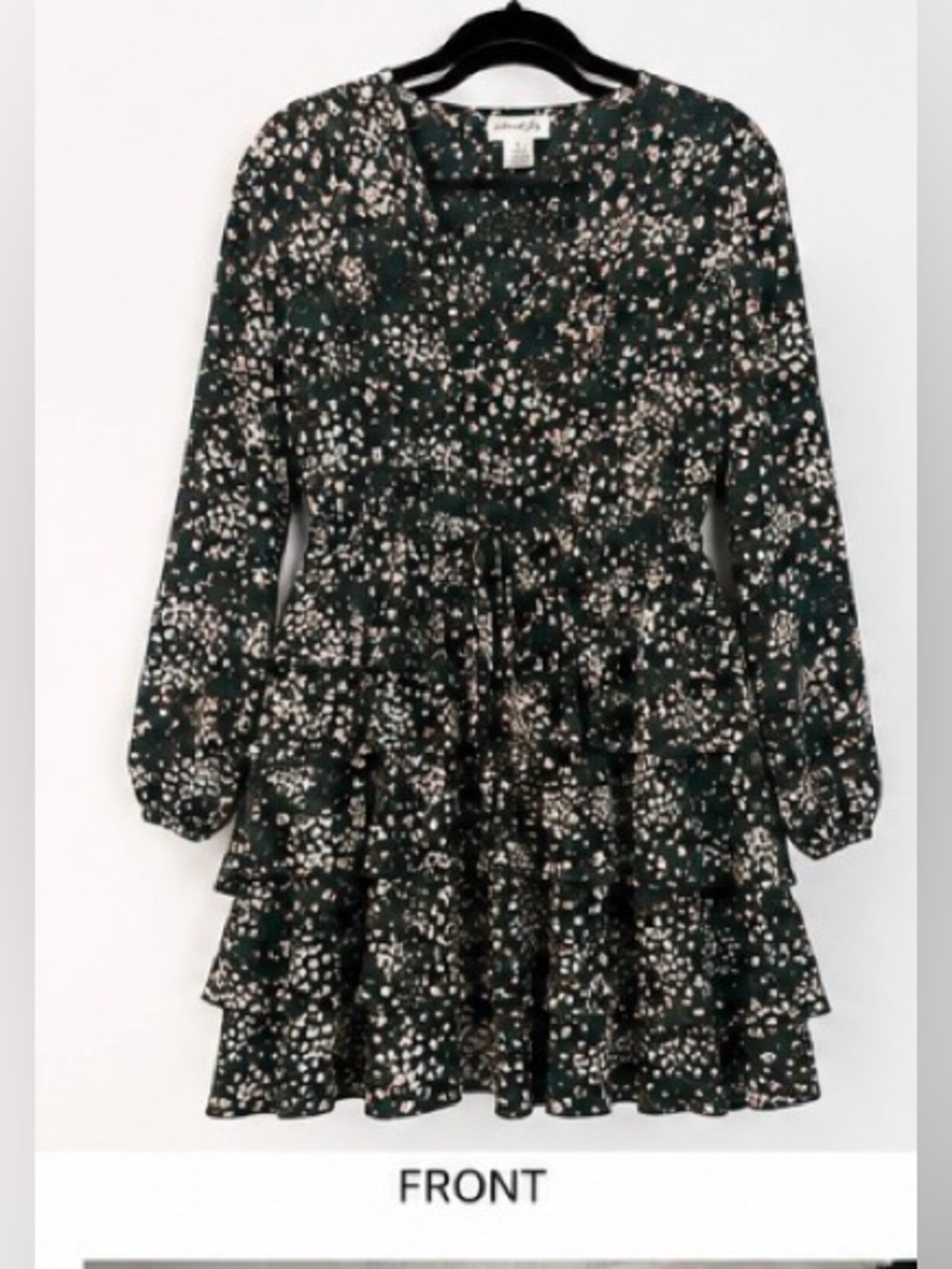Long Sleeve Tiered Dark Green Printed Dress with Tie Waist